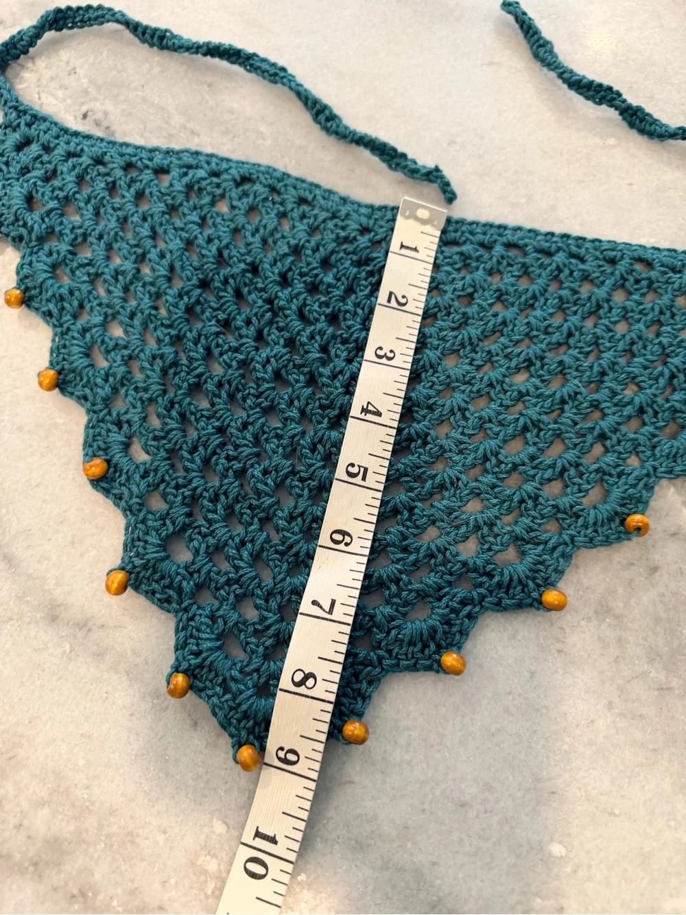 Handmade Crochet Wood Beaded Kerchief Head Scarf Cotton Boho Bandana Cottagecore